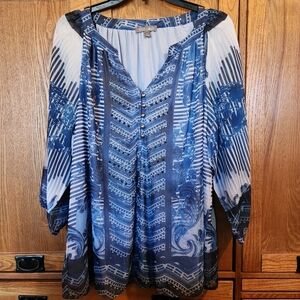 Roz & Ali Women's Sheer Blue & Metallic Patterned Top Size L EUC